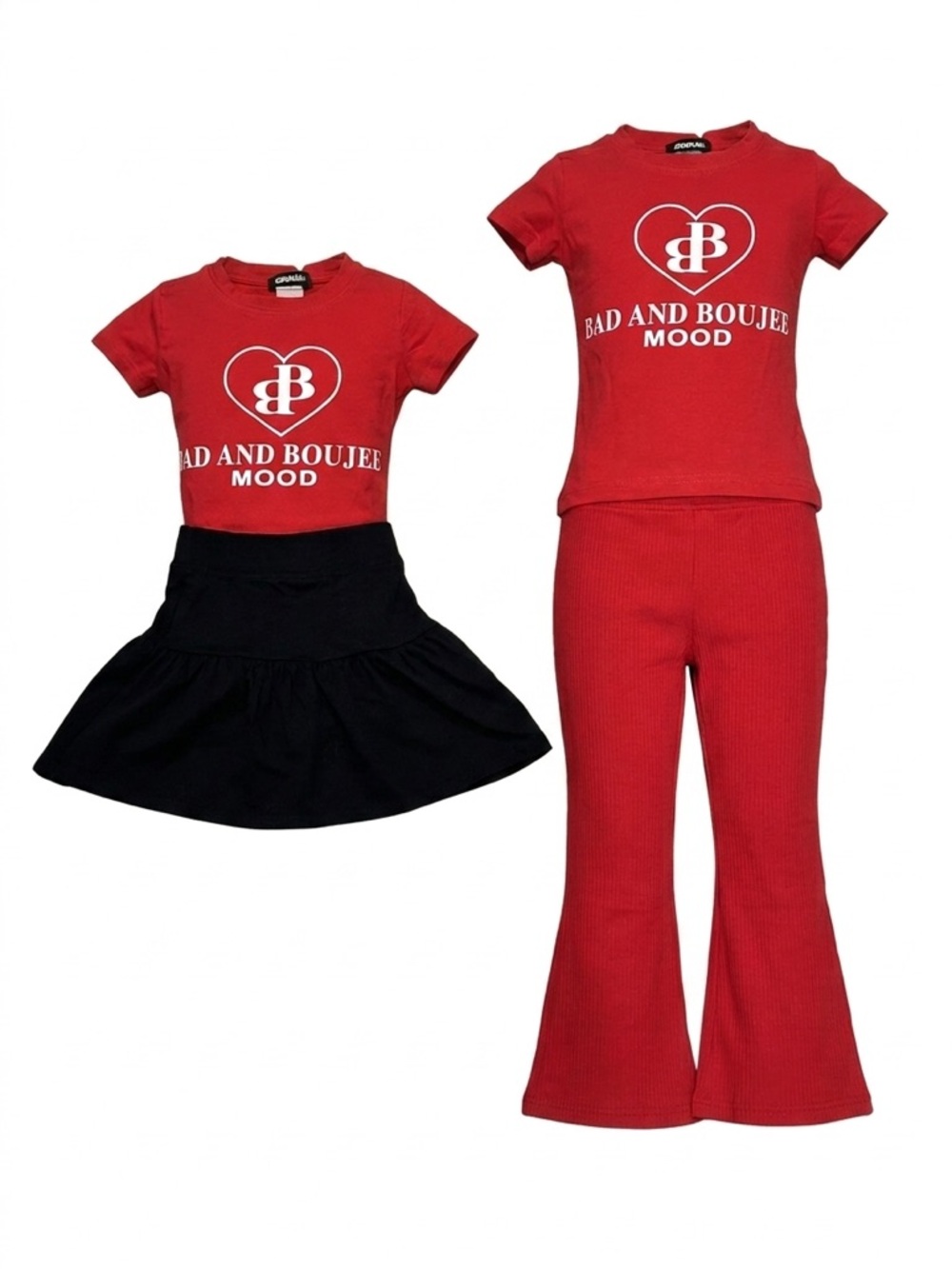 Red "Bad and Boujee Mood" Shirt Three-Piece Set with Black Skirt Red Pants